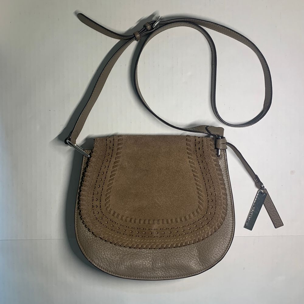 Vince Camuto Kirie Suede Leather Tan Brown Saddle Bag Silver Accents Boho